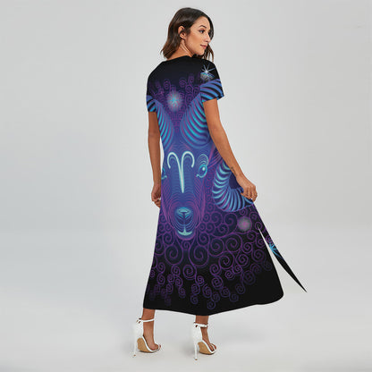 Dark Aries Zodiac Sign Print Short Sleeve Maxi Dress