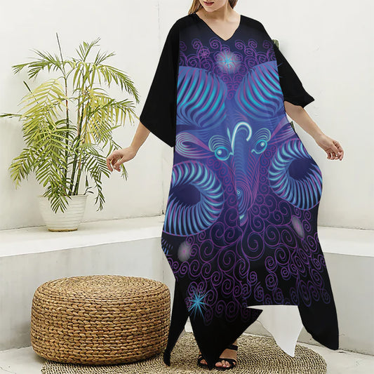 Dark Aries Zodiac Sign Print Silk V-Neck Kaftan Dress