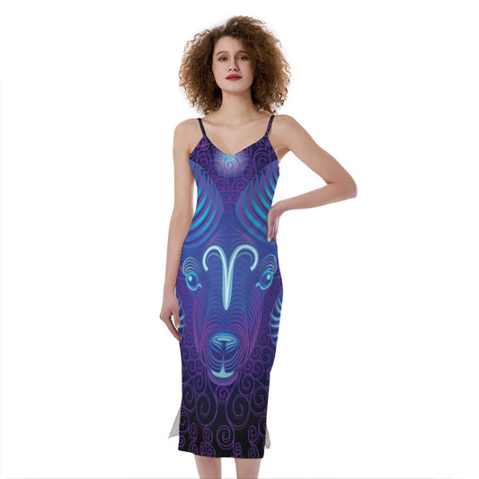 Dark Aries Zodiac Sign Print Slim Fit Midi Cami Dress