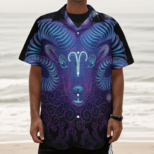 Dark Aries Zodiac Sign Print Textured Short Sleeve Shirt
