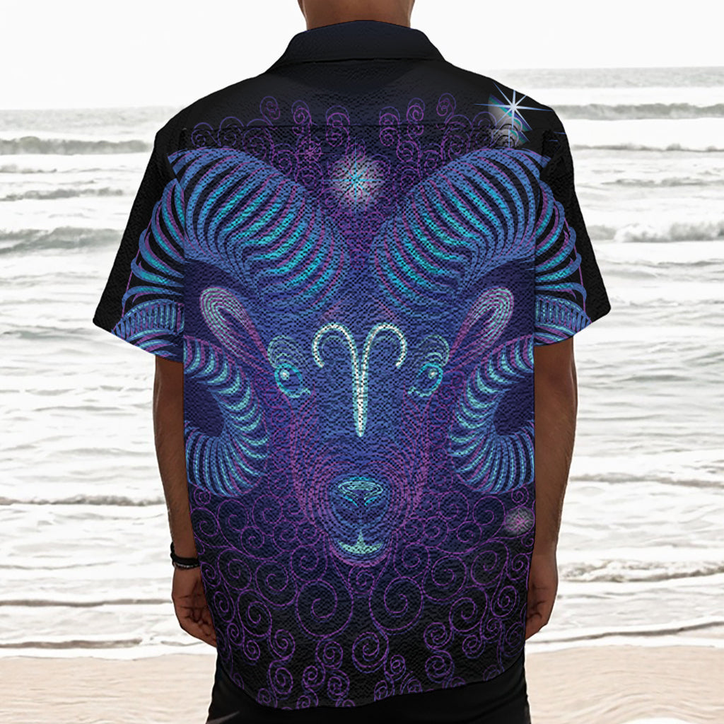Dark Aries Zodiac Sign Print Textured Short Sleeve Shirt