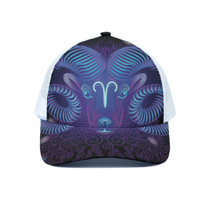 Dark Aries Zodiac Sign Print White Mesh Trucker Cap