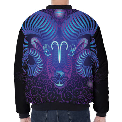 Dark Aries Zodiac Sign Print Zip Sleeve Bomber Jacket