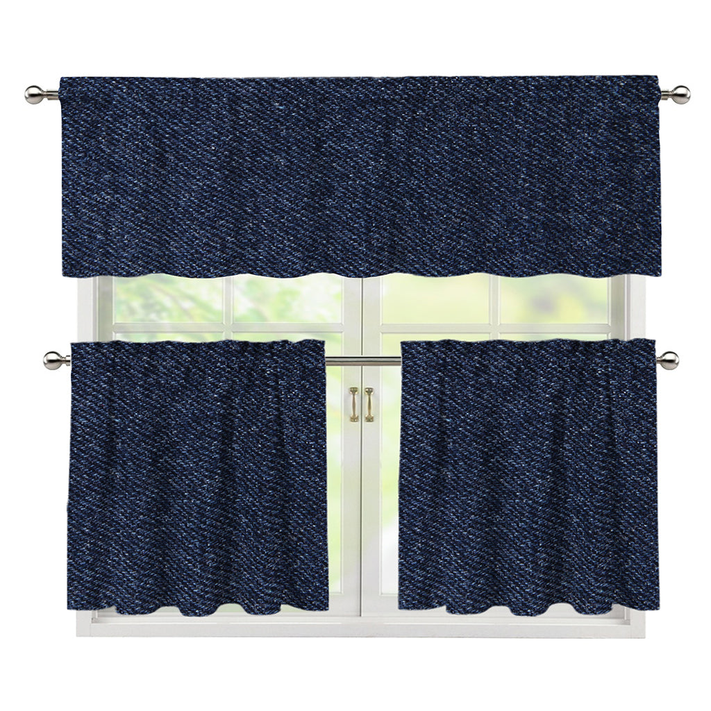 Dark Blue Denim Jeans Print 3 Piece Kitchen Curtains