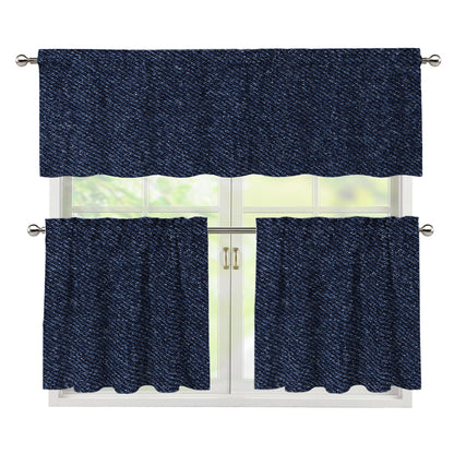Dark Blue Denim Jeans Print 3 Piece Kitchen Curtains