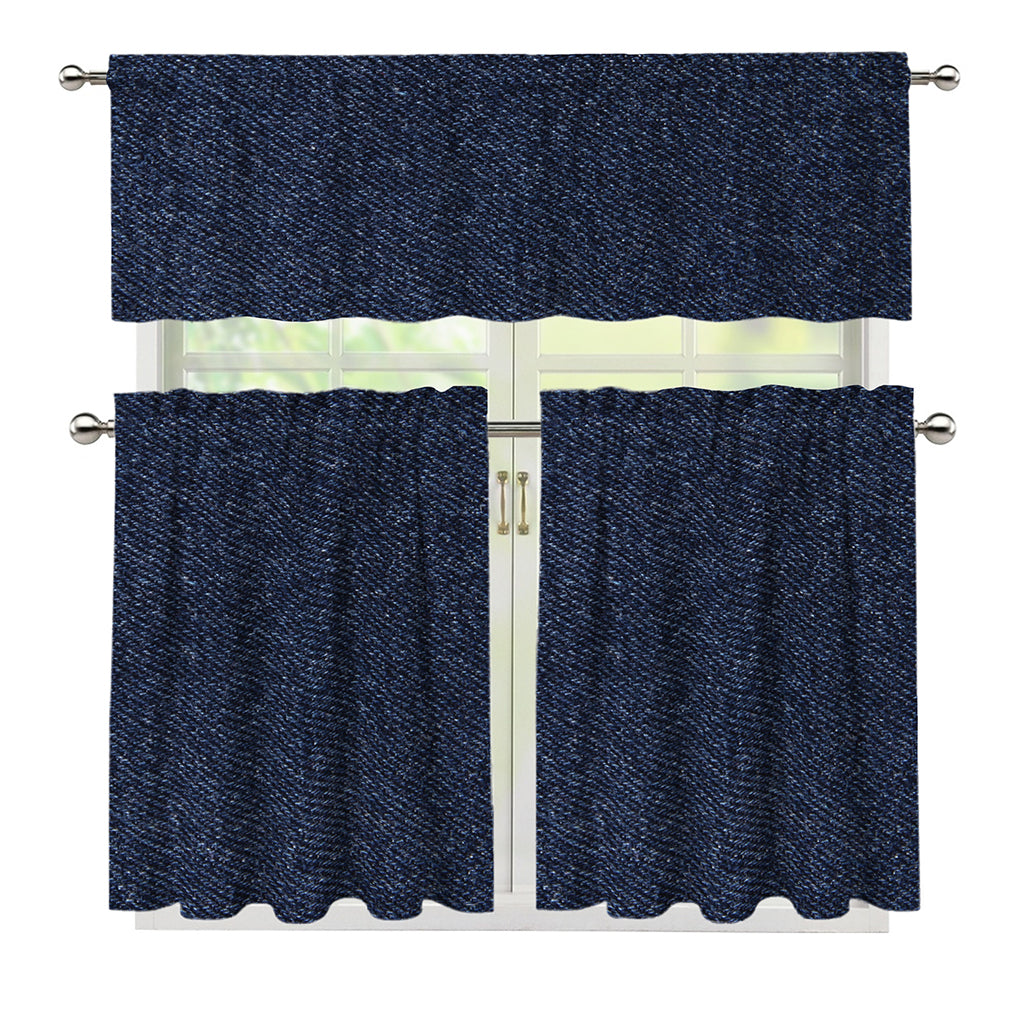 Dark Blue Denim Jeans Print 3 Piece Kitchen Curtains