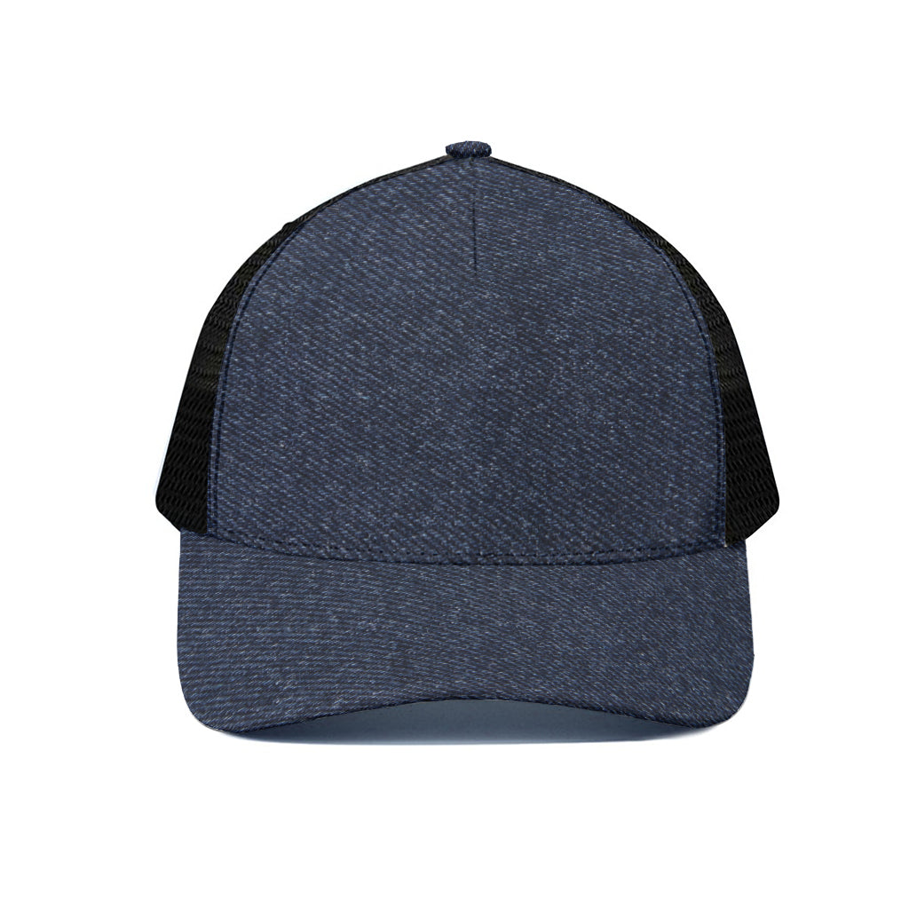 Dark Blue Denim Jeans Print Black Mesh Trucker Cap
