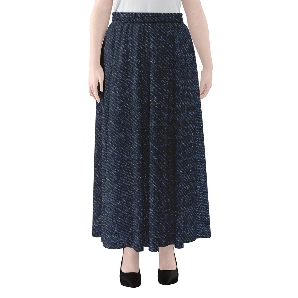Dark Blue Denim Jeans Print Chiffon Maxi Skirt