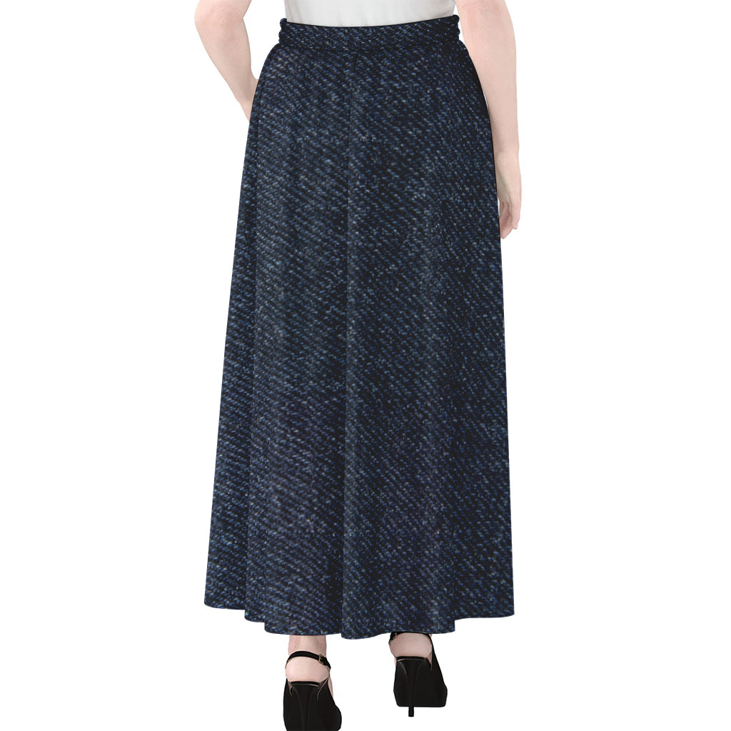 Dark Blue Denim Jeans Print Chiffon Maxi Skirt