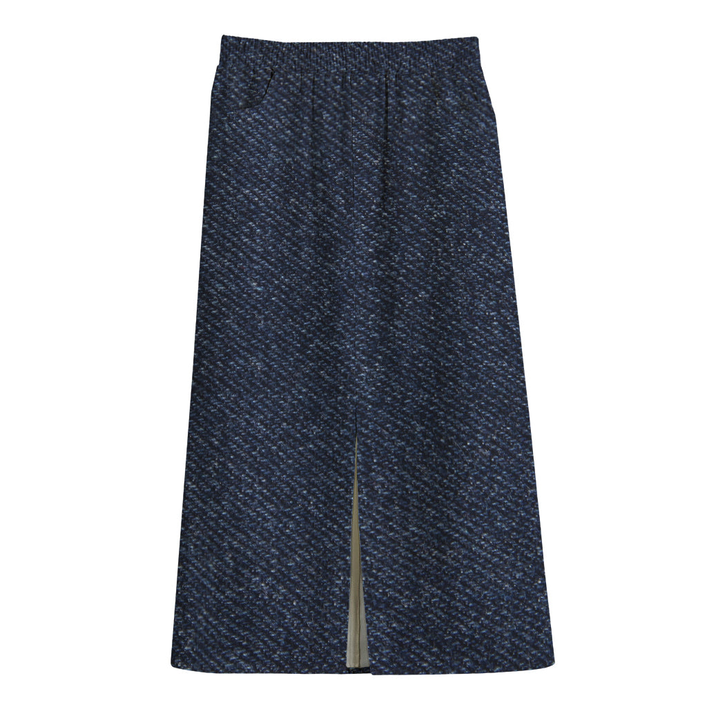 Dark Blue Denim Jeans Print Cotton Front Slit Maxi Skirt