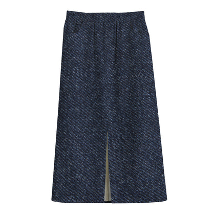 Dark Blue Denim Jeans Print Cotton Front Slit Maxi Skirt