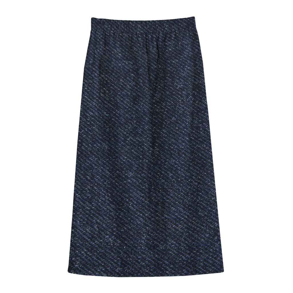 Dark Blue Denim Jeans Print Cotton Front Slit Maxi Skirt