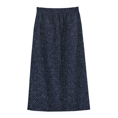 Dark Blue Denim Jeans Print Cotton Front Slit Maxi Skirt