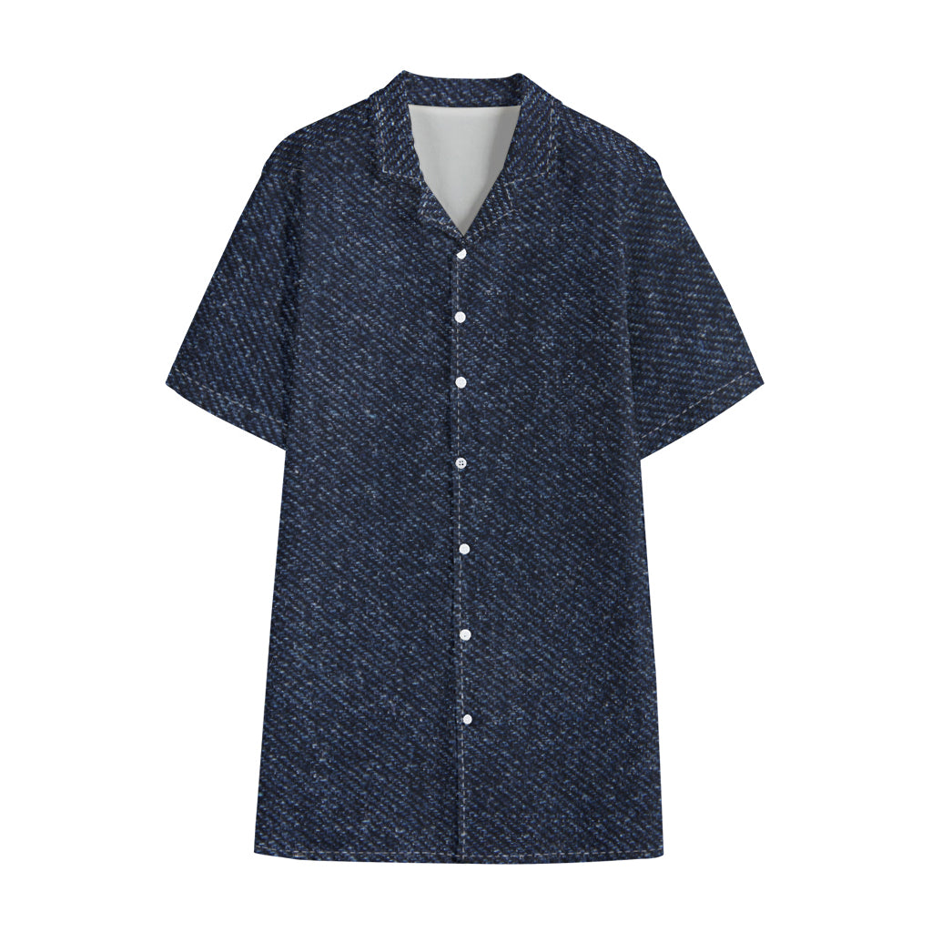 Dark Blue Denim Jeans Print Cotton Hawaiian Shirt