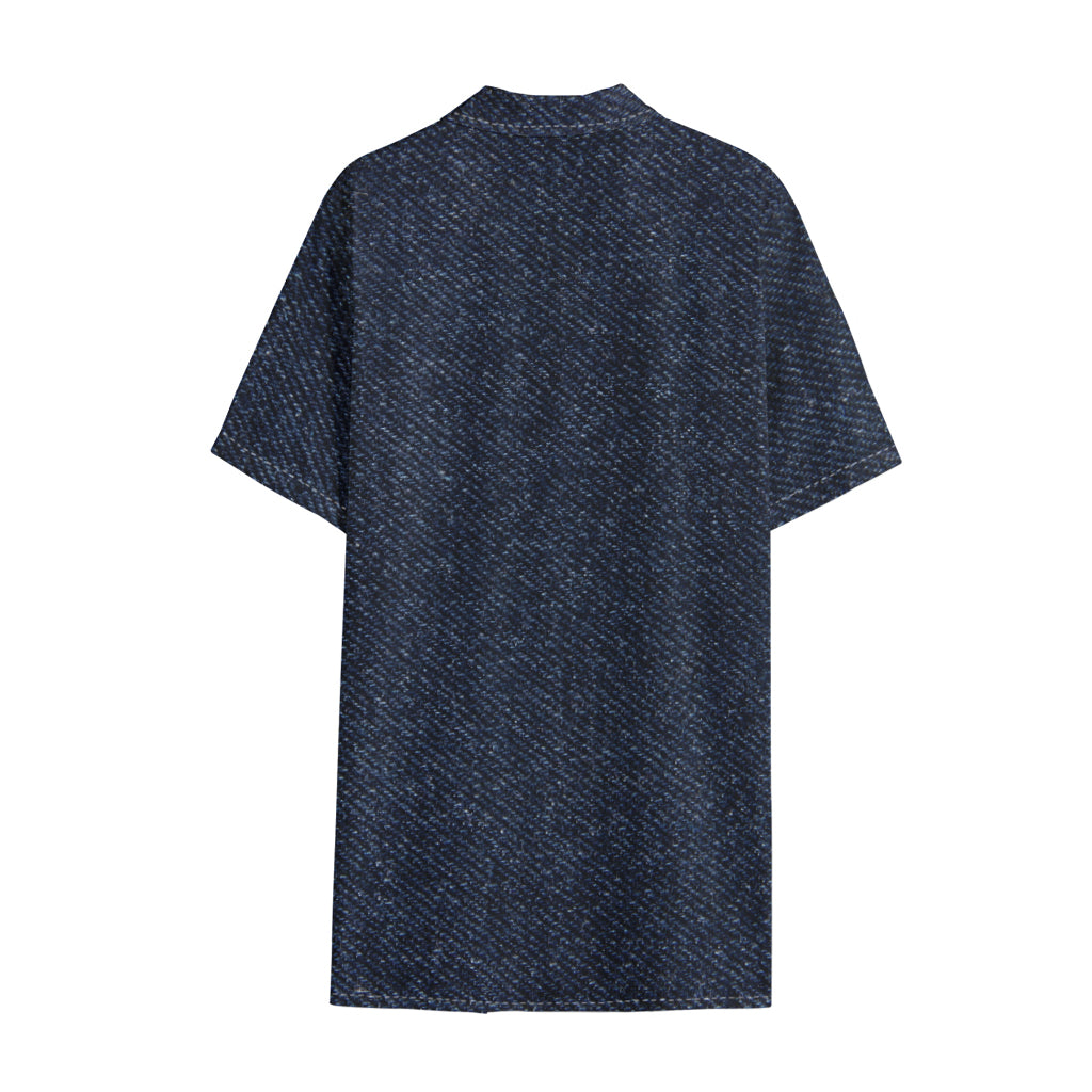 Dark Blue Denim Jeans Print Cotton Hawaiian Shirt