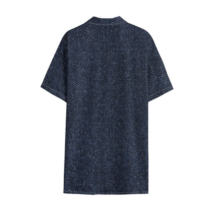 Dark Blue Denim Jeans Print Cotton Hawaiian Shirt