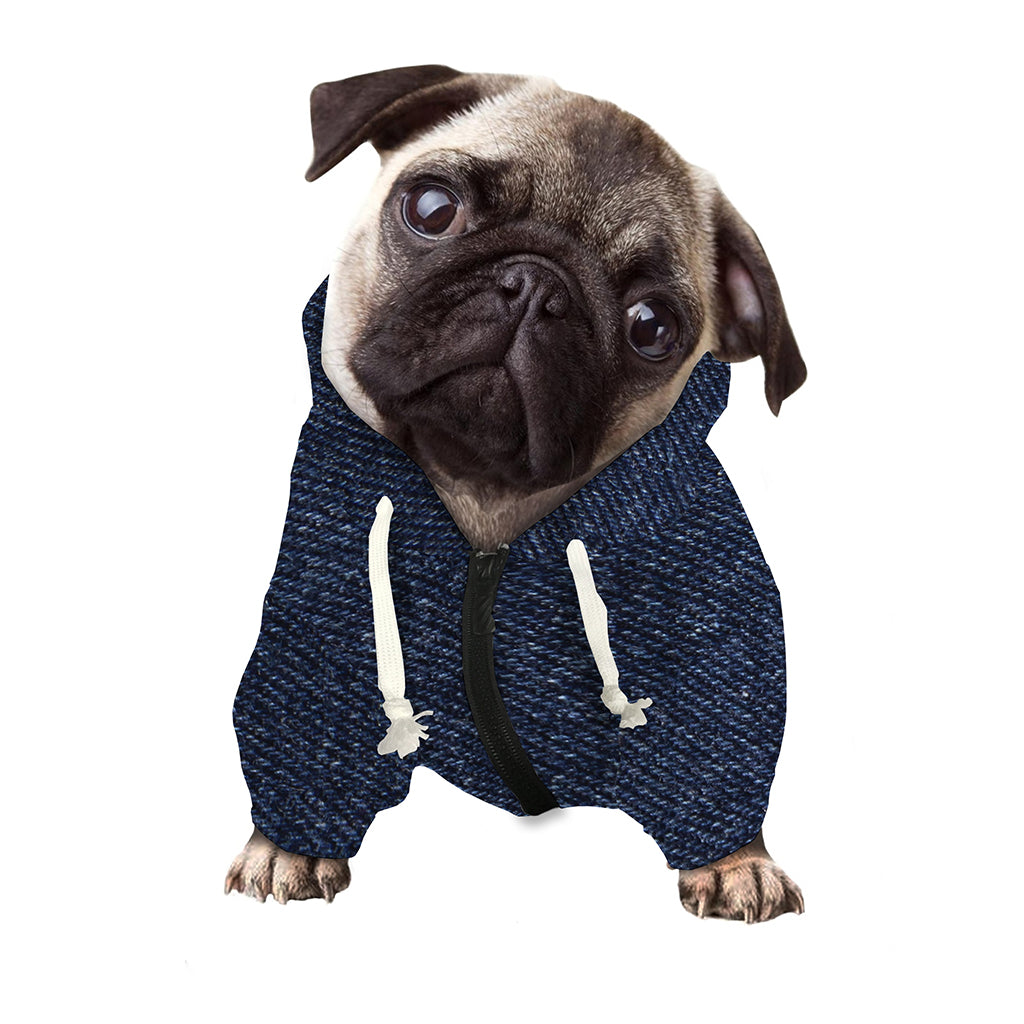 Dark Blue Denim Jeans Print Dog Zip Up Hoodie