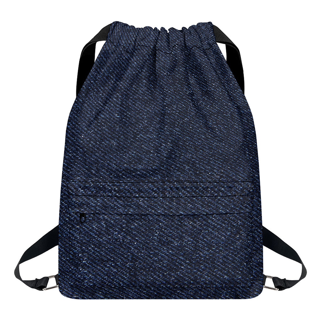 Dark Blue Denim Jeans Print Drawstring Backpack