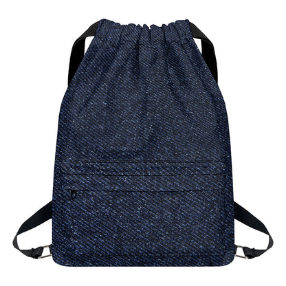 Dark Blue Denim Jeans Print Drawstring Backpack