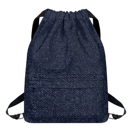 Dark Blue Denim Jeans Print Drawstring Backpack