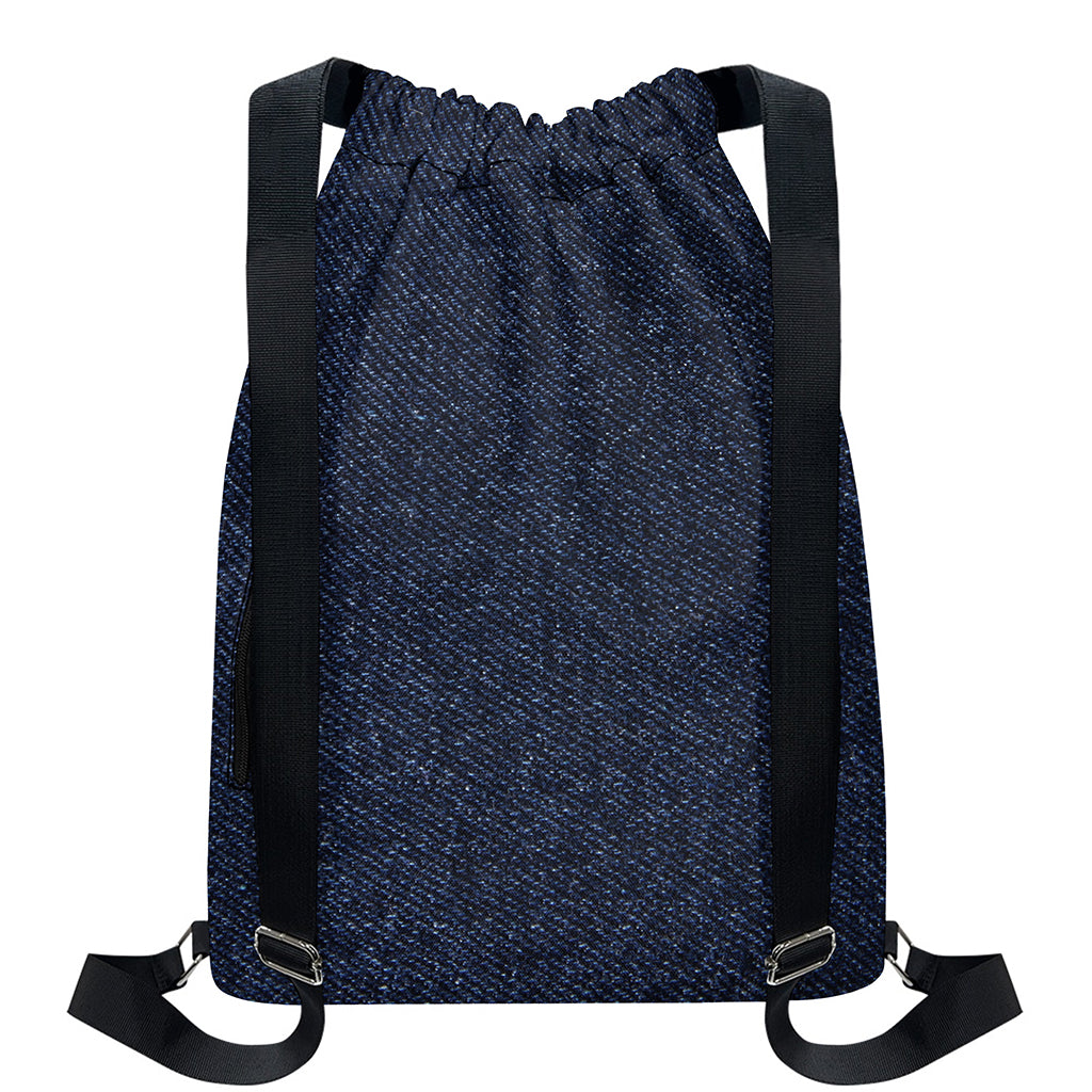 Dark Blue Denim Jeans Print Drawstring Backpack