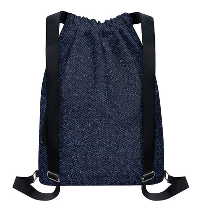 Dark Blue Denim Jeans Print Drawstring Backpack
