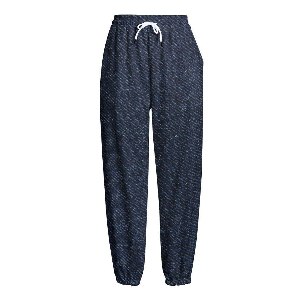 Dark Blue Denim Jeans Print Fleece Lined Knit Pants