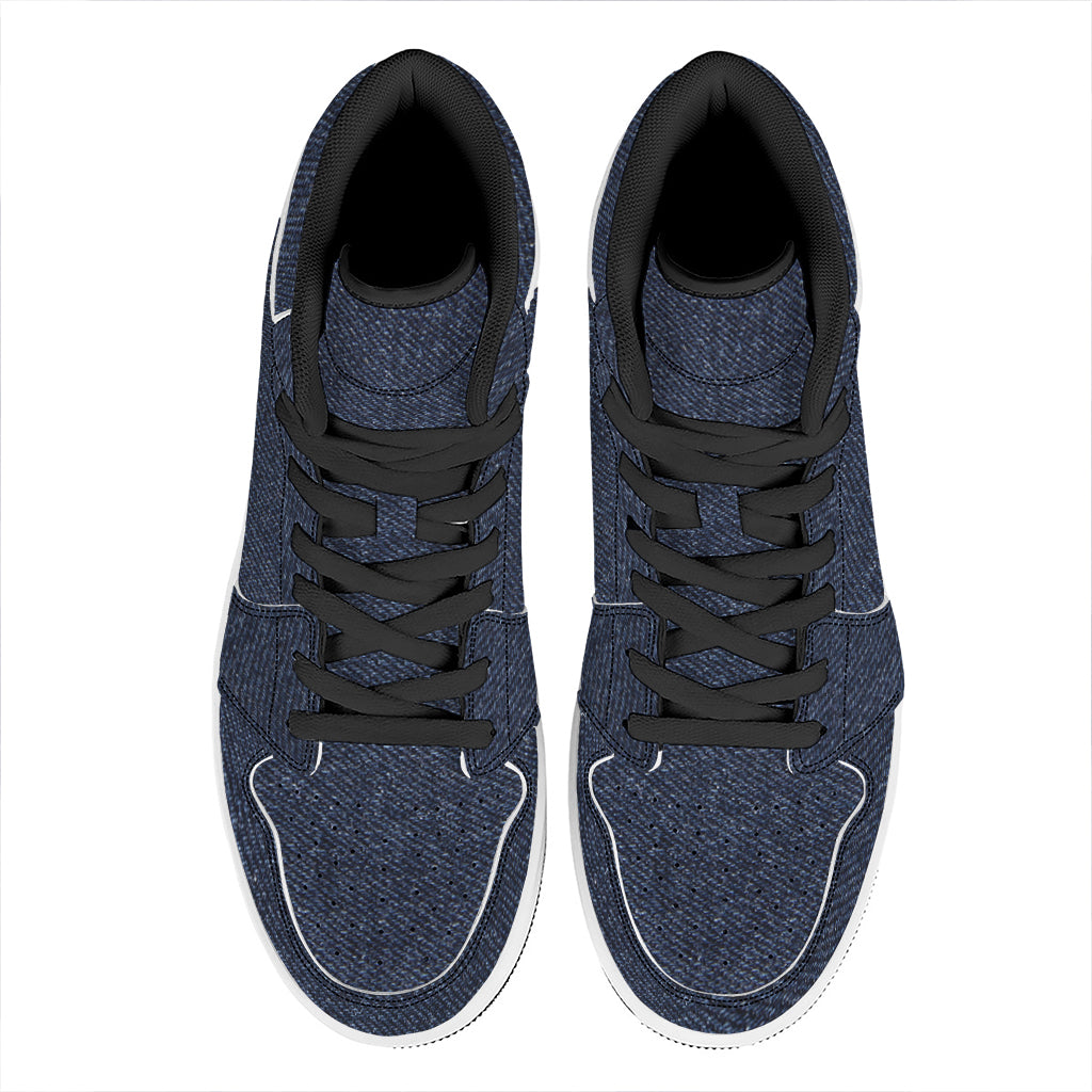 Dark Blue Denim Jeans Print High Top Leather Sneakers