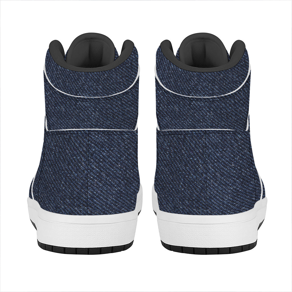 Dark Blue Denim Jeans Print High Top Leather Sneakers