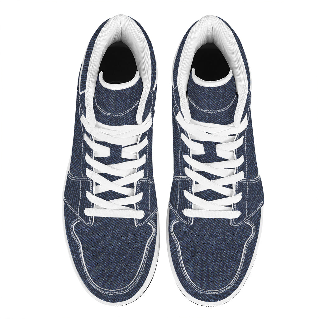 Dark Blue Denim Jeans Print High Top Leather Sneakers