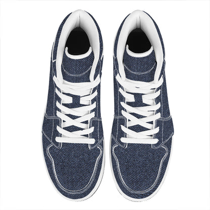 Dark Blue Denim Jeans Print High Top Leather Sneakers