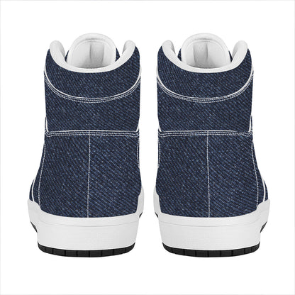 Dark Blue Denim Jeans Print High Top Leather Sneakers