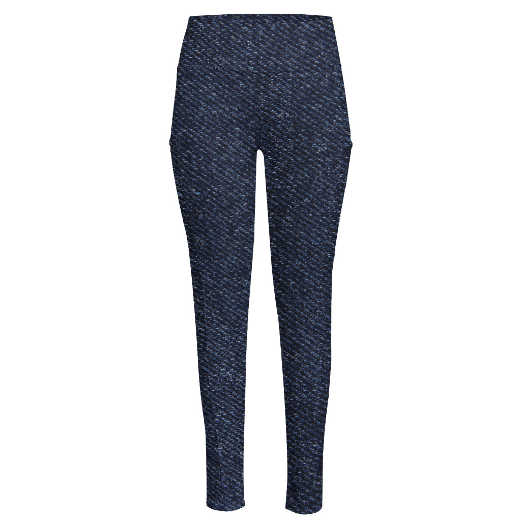 Dark Blue Denim Jeans Print High-Waisted Pocket Leggings