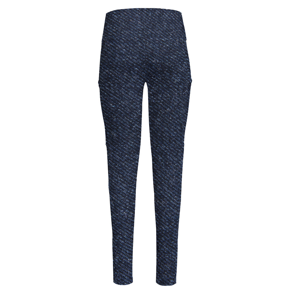 Dark Blue Denim Jeans Print High-Waisted Pocket Leggings