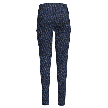 Dark Blue Denim Jeans Print High-Waisted Pocket Leggings