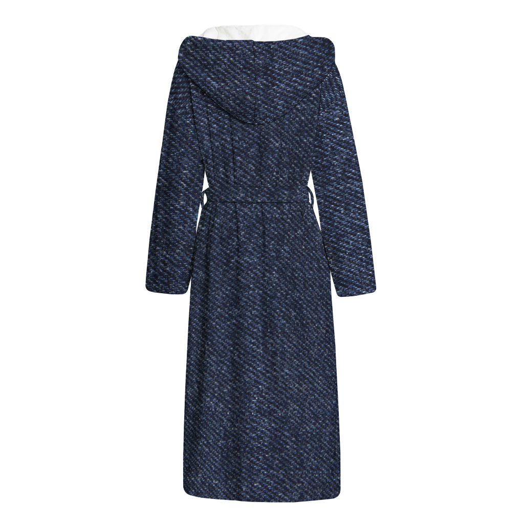 Dark Blue Denim Jeans Print Hooded Bathrobe