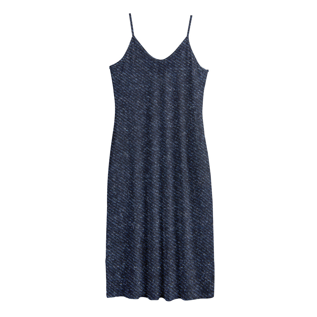 Dark Blue Denim Jeans Print Jersey Midi Cami Dress