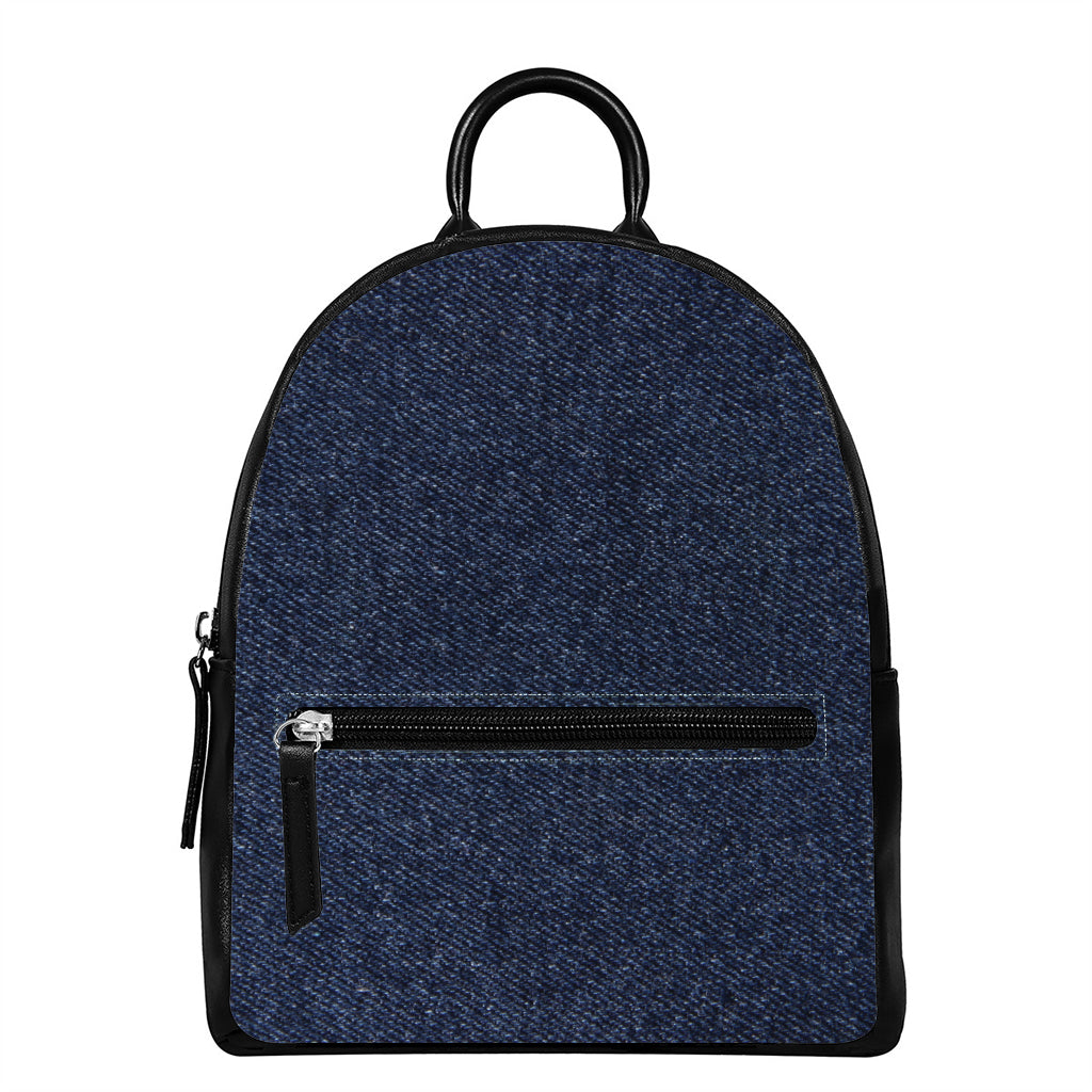 Dark Blue Denim Jeans Print Leather Backpack