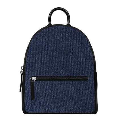 Dark Blue Denim Jeans Print Leather Backpack