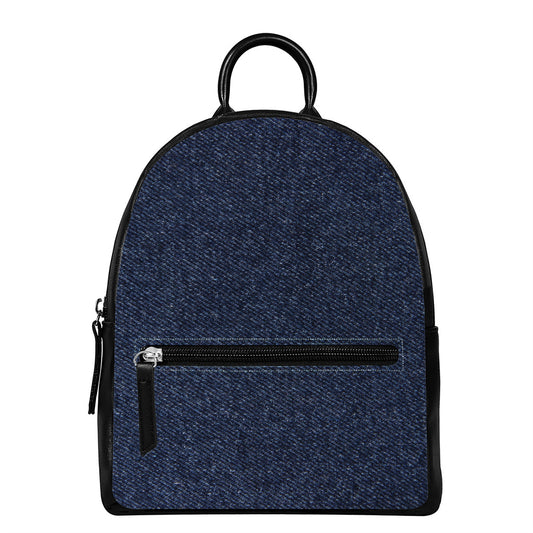 Dark Blue Denim Jeans Print Leather Backpack