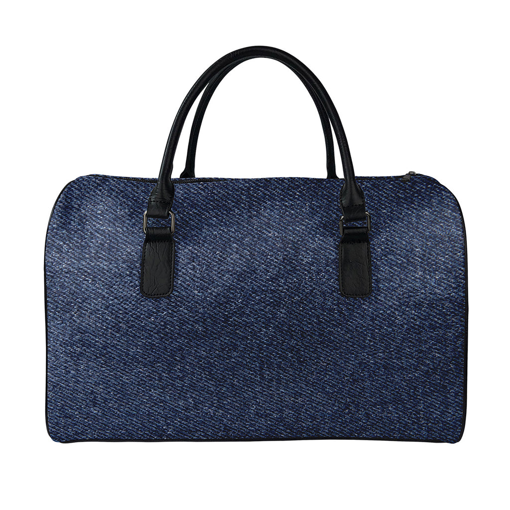 Dark Blue Denim Jeans Print Leather Duffle Bag