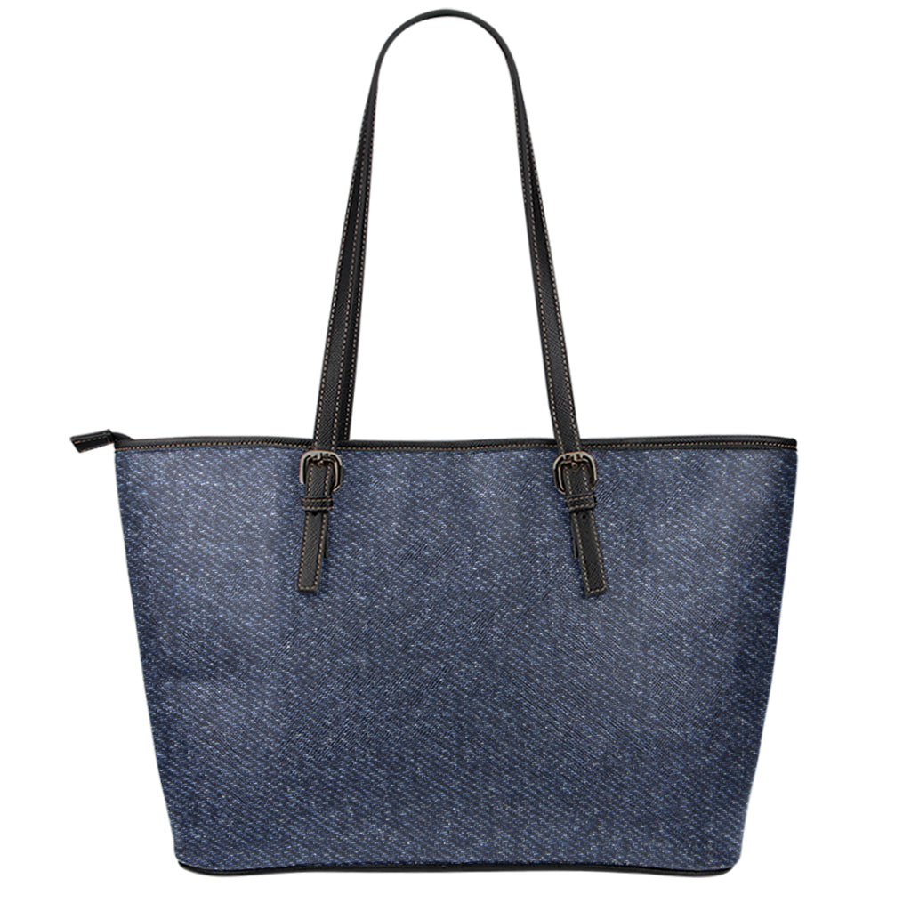 Dark Blue Denim Jeans Print Leather Tote Bag