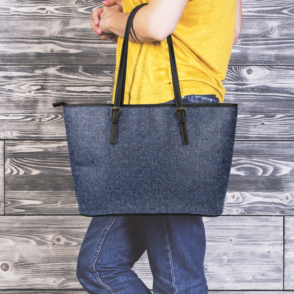 Dark Blue Denim Jeans Print Leather Tote Bag