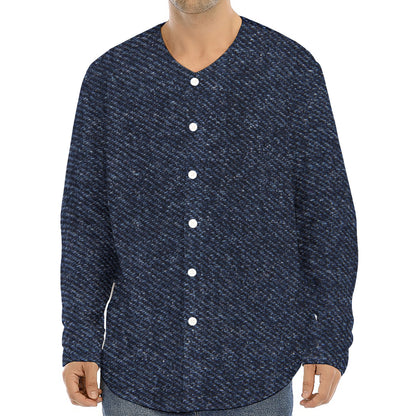 Dark Blue Denim Jeans Print Long Sleeve Baseball Jersey