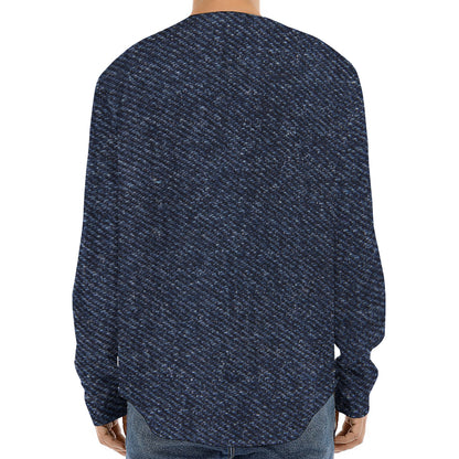 Dark Blue Denim Jeans Print Long Sleeve Baseball Jersey