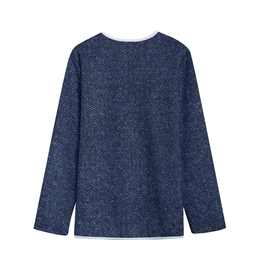 Dark Blue Denim Jeans Print Long Sleeve Short Coat