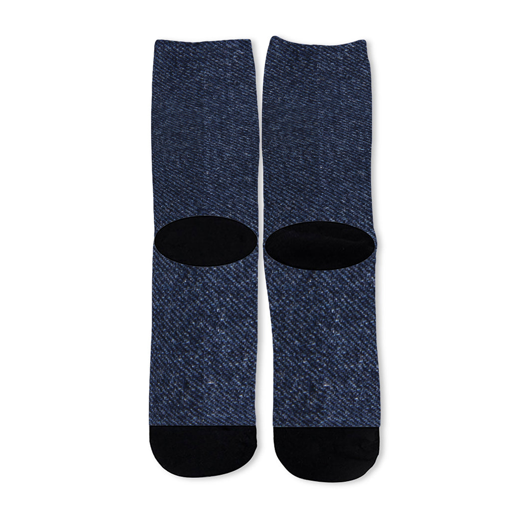 Dark Blue Denim Jeans Print Long Socks