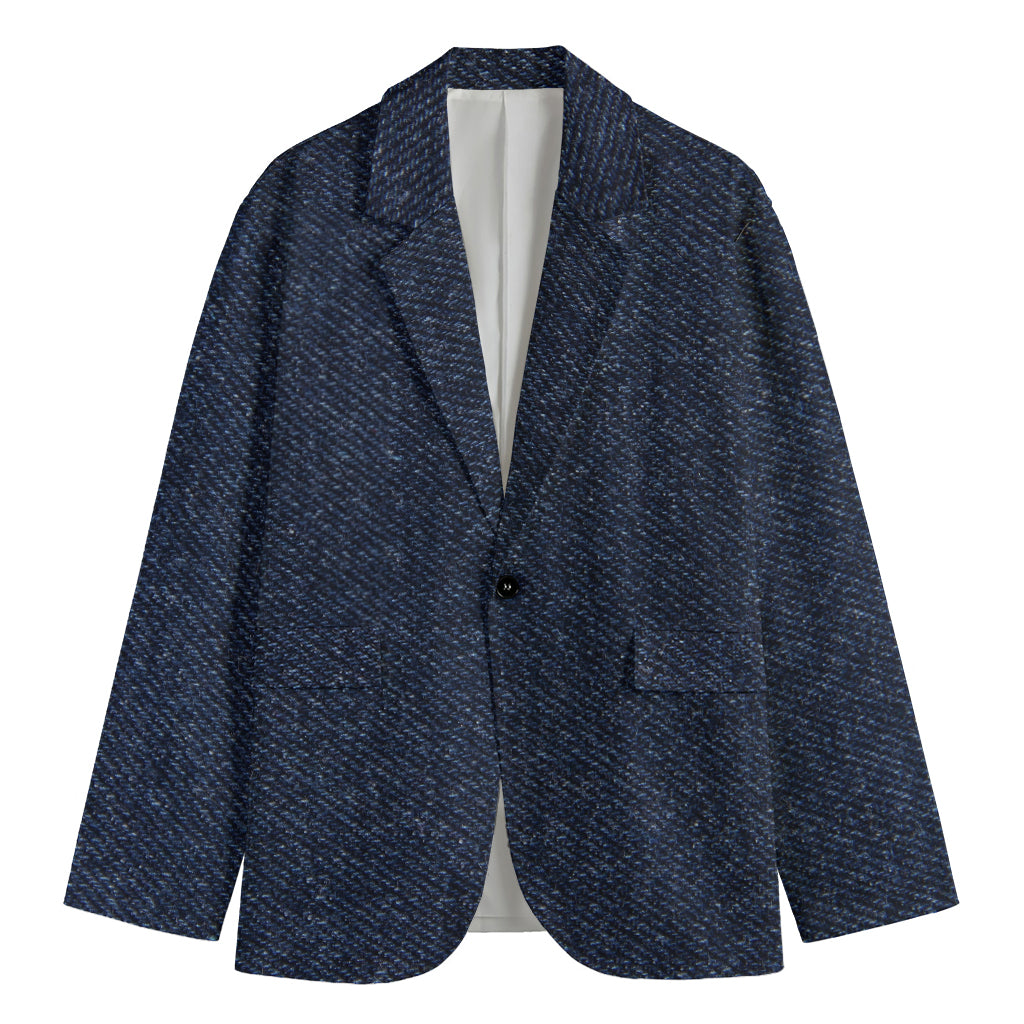 Dark Blue Denim Jeans Print Men's Cotton Blazer