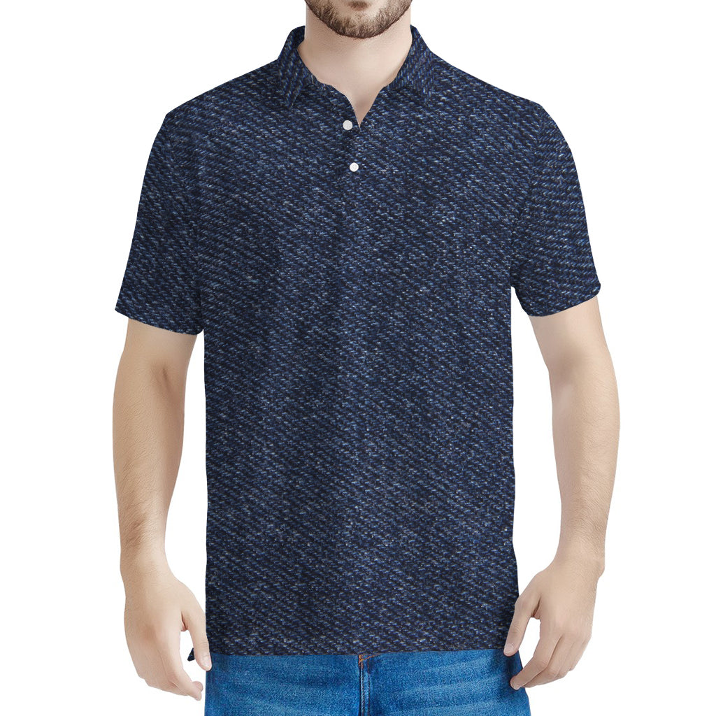 Dark Blue Denim Jeans Print Men's Polo Shirt