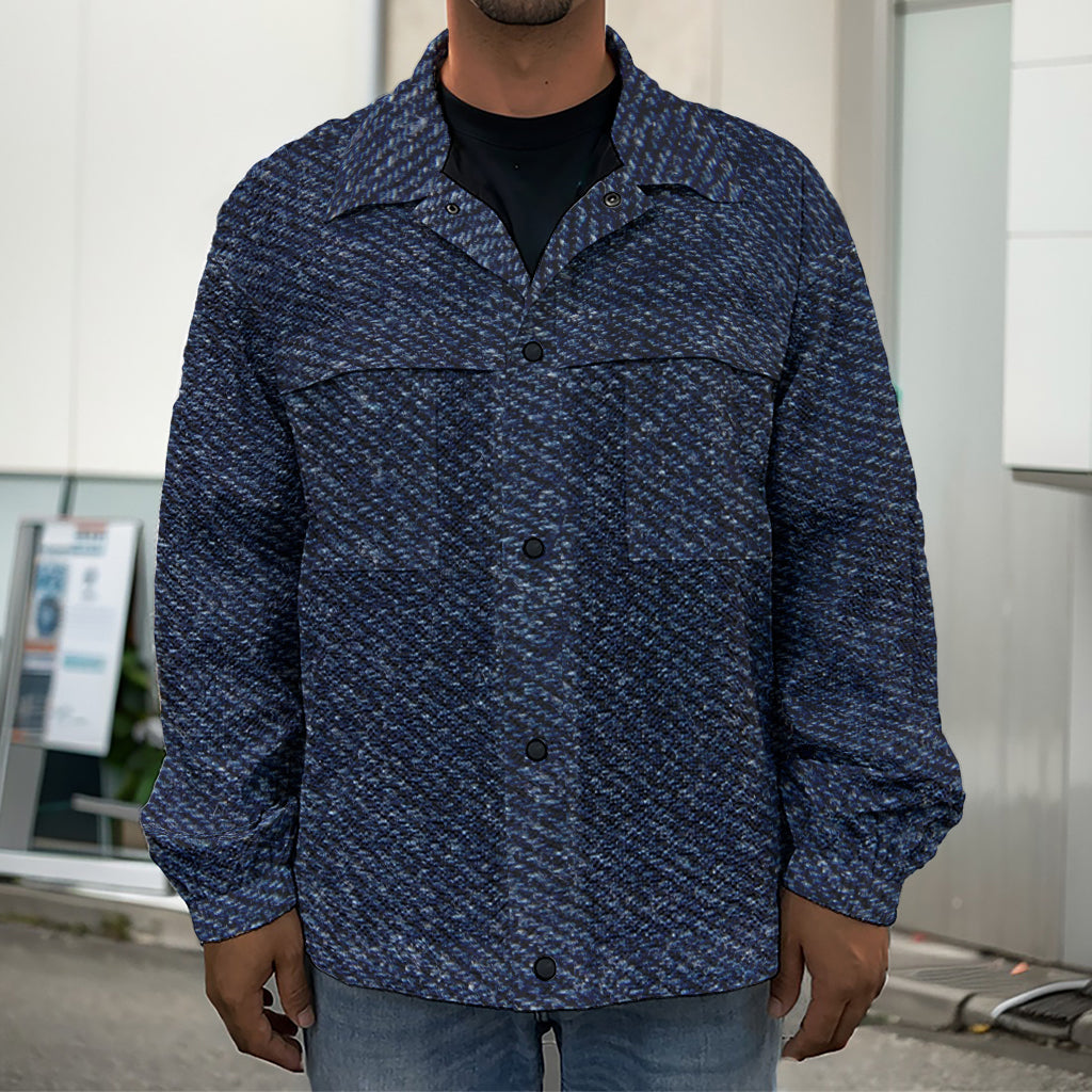 Dark Blue Denim Jeans Print Men's Shirt Jacket